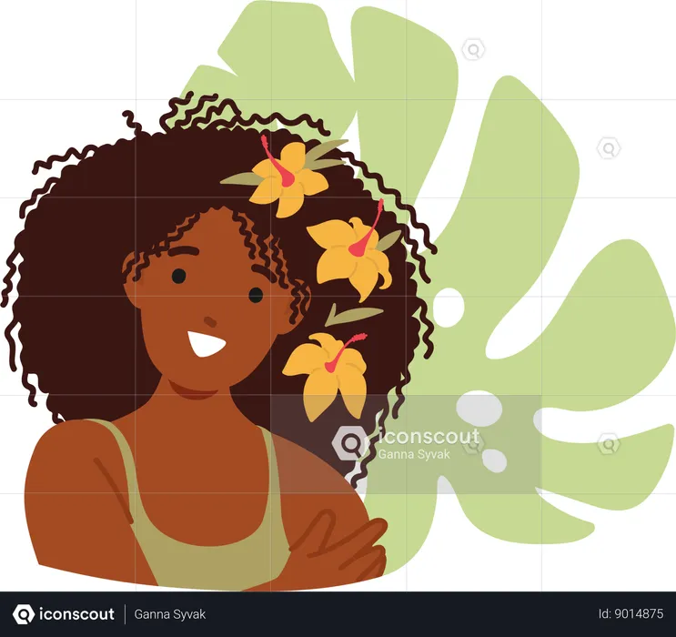 Mujer Negra Con Delicadas Flores Adornan Su Cabello  Ilustración