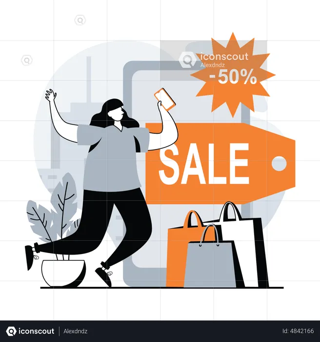 Mujer obteniendo venta de compras en el móvil  Ilustración