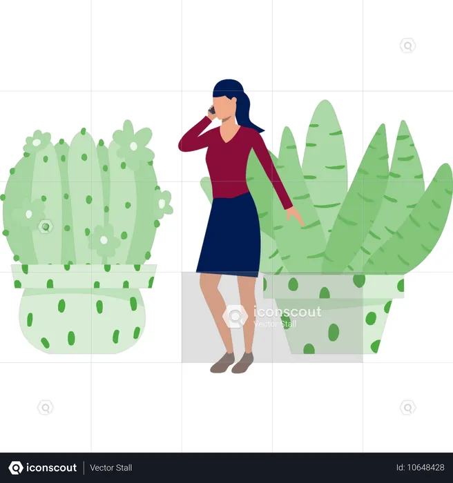 Mujer ocupada en una llamada móvil cerca de una planta de cactus  Ilustración