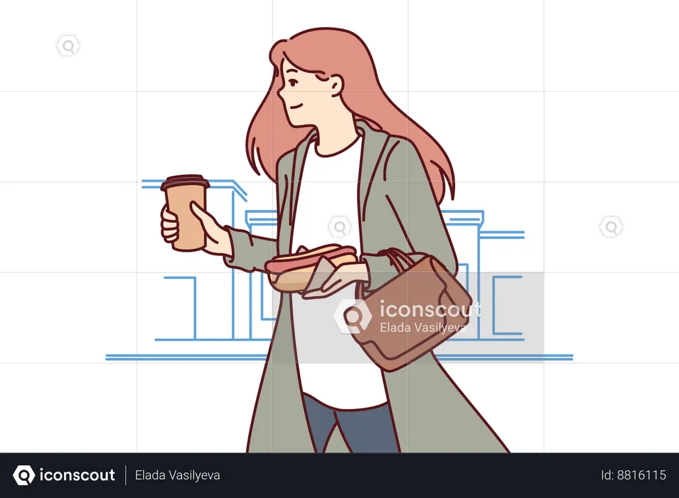 Una mujer ocupada y exitosa se apresura a trabajar con una taza de café en las manos  Ilustración