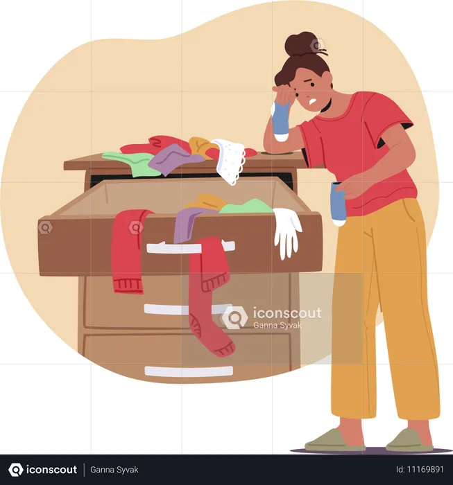 Mujer organizando un cajón desordenado lleno de ropa  Ilustración