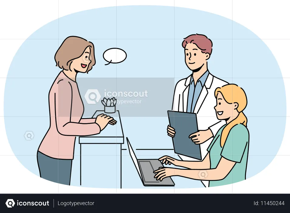 Una clienta del hospital se encuentra cerca del mostrador de recepción y consulta con un médico.  Ilustración
