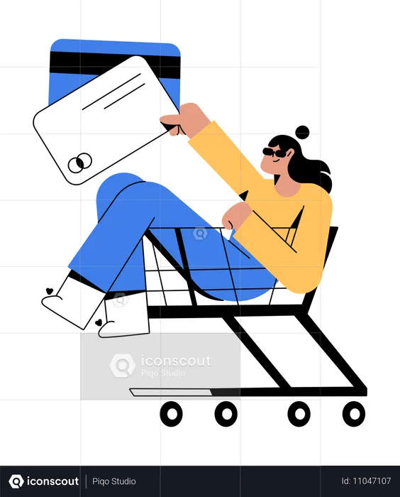 Mujer paga con tarjeta sus compras online  Ilustración