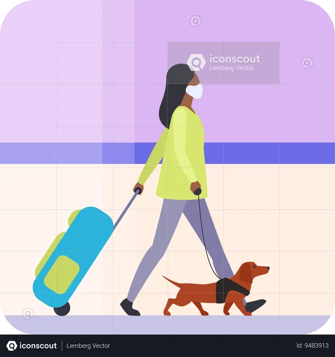 Mujer pasajera viaja con perro.  Ilustración