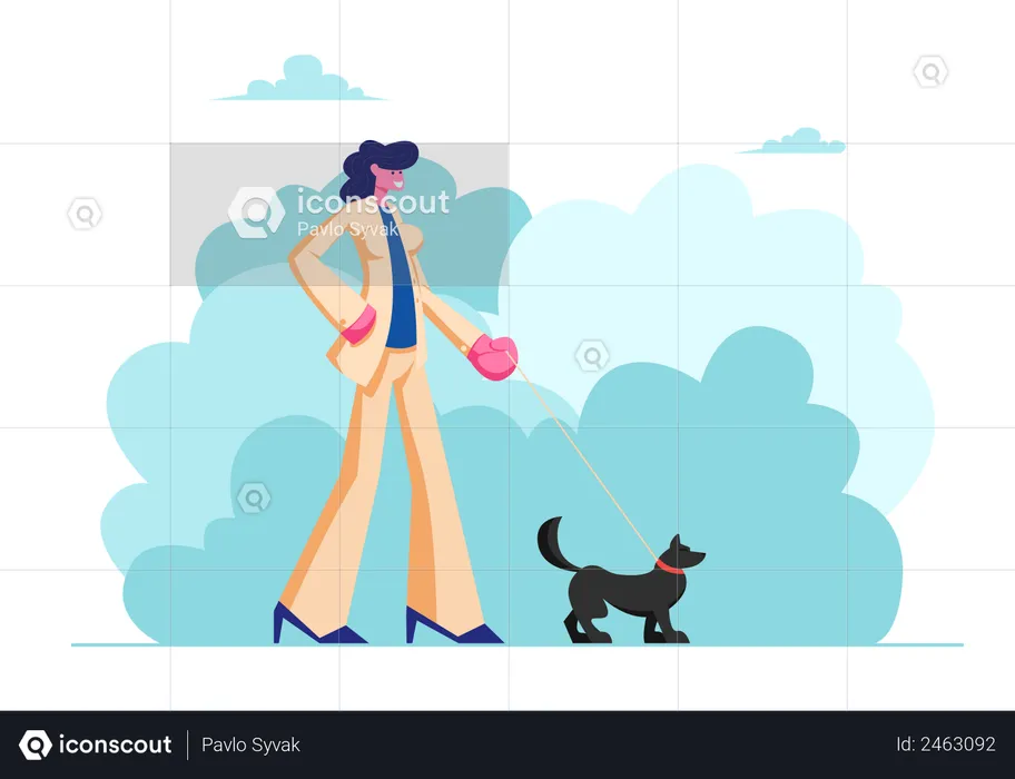 Mujer caminando con perro en el parque público de la ciudad  Ilustración