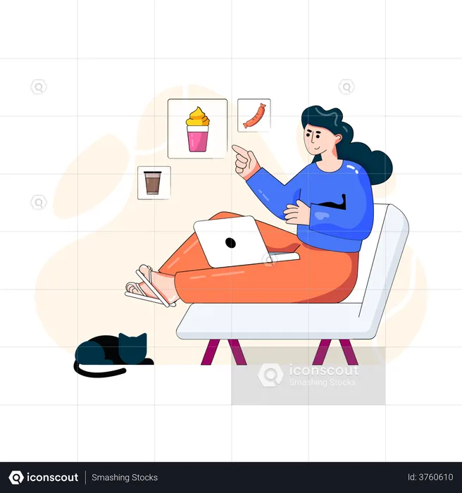 Mujer pidiendo comida en línea  Ilustración