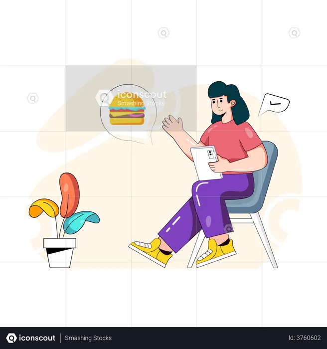 Mujer pidiendo hamburguesa en línea desde la aplicación  Ilustración