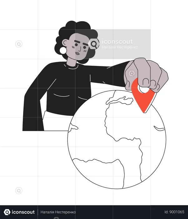 Mujer puso pin de ubicación en el mapa  Ilustración