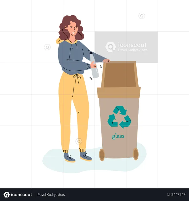 Mujer poniendo una botella de plástico en un contenedor de basura  Ilustración