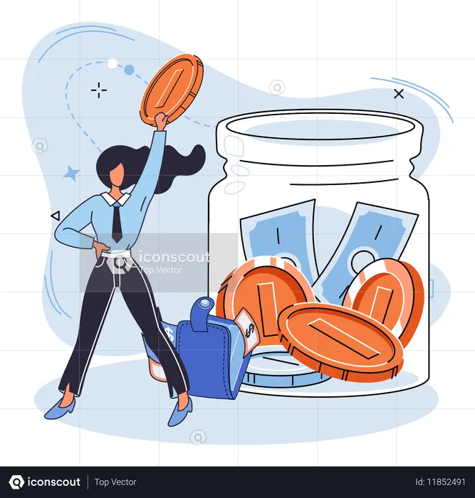 Mujer poniendo monedas en un tarro de dinero  Ilustración