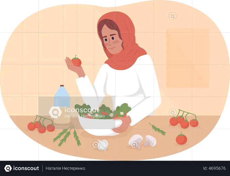 Mujer preparando ensalada deliciosa y saludable  Ilustración