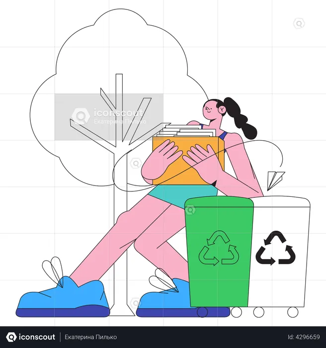 Mujer puso basura en la papelera de reciclaje  Ilustración