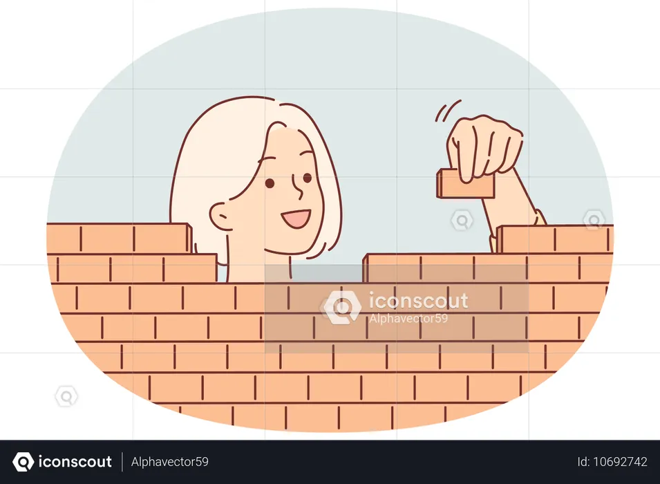 Mujer construyendo un muro de ladrillos apilando bloques con cuidado  Ilustración