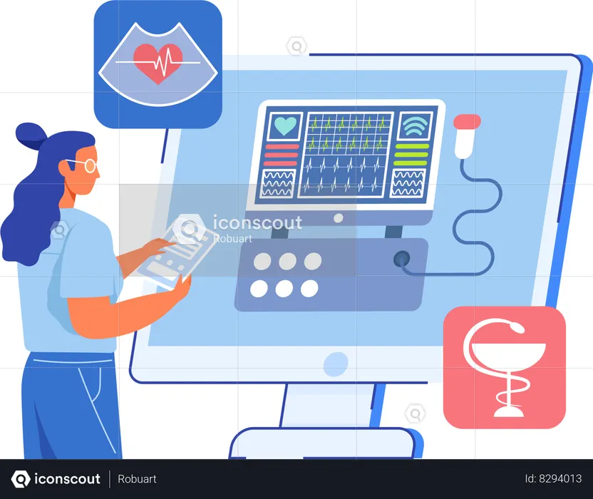 Mujer que trabaja con tecnología de control del sistema cardiovascular  Ilustración