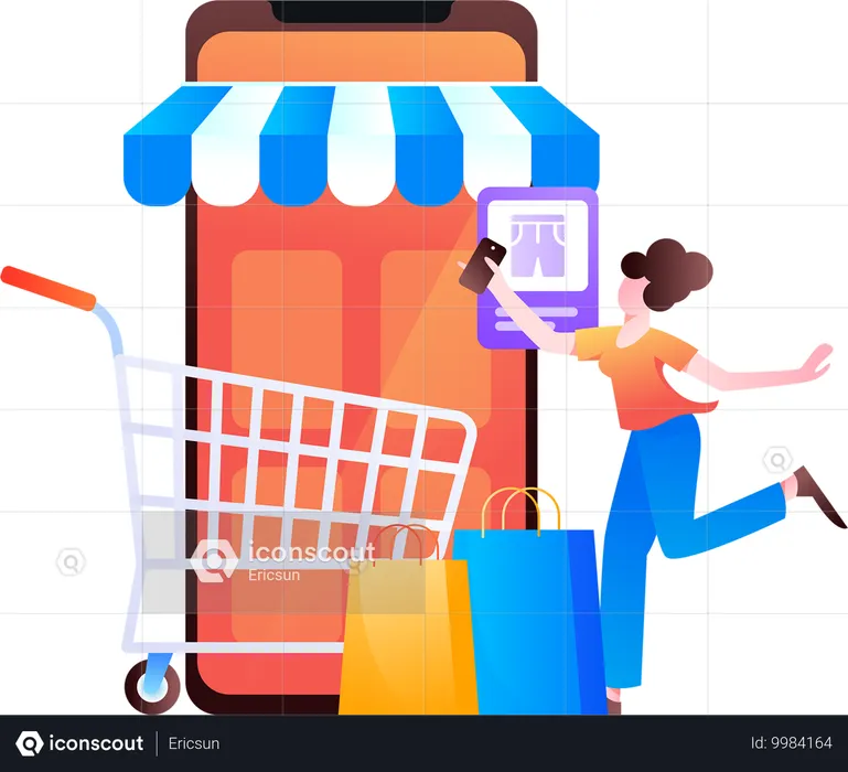 Mujer haciendo compras en línea desde el sitio web  Ilustración