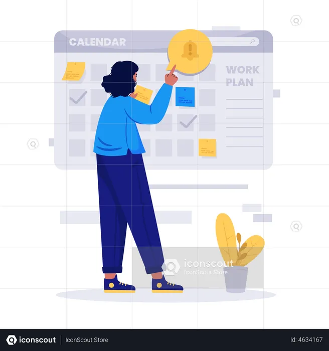 Mujer haciendo planes de trabajo o marcando horarios.  Ilustración