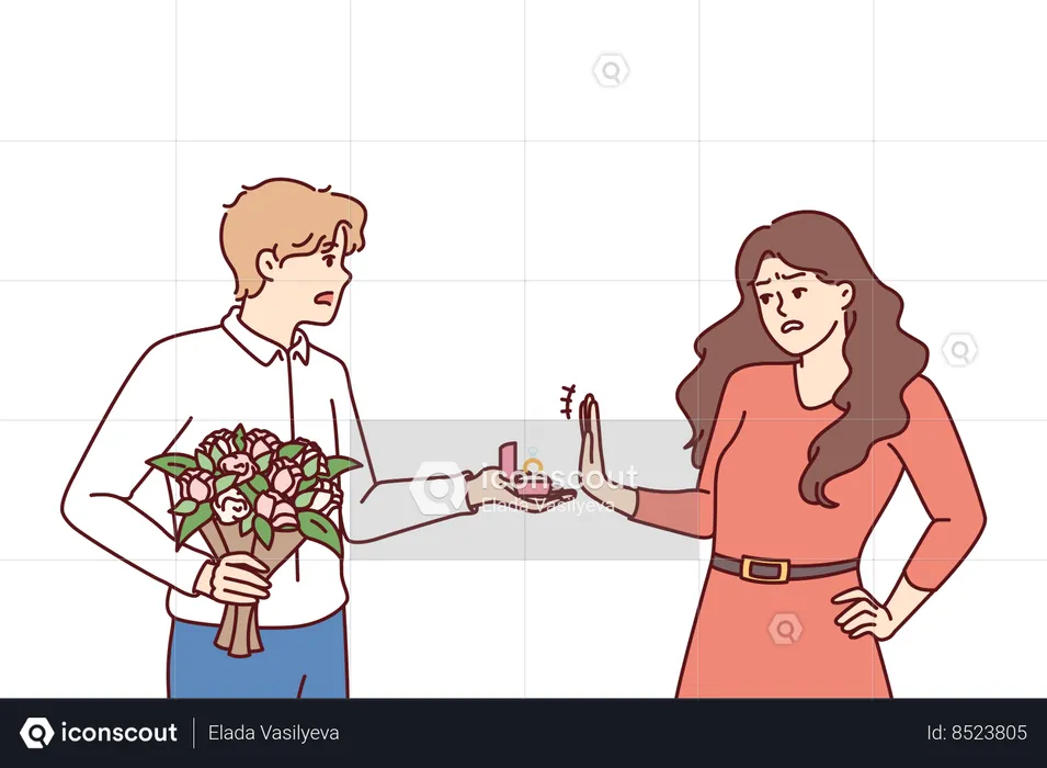 Mujer rechaza propuesta de matrimonio de hombre que sostiene anillo de compromiso y ramo de flores  Ilustración