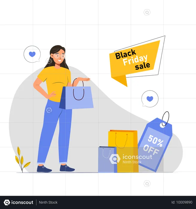 Mujer recibe 50% de descuento en rebajas del Black Friday  Ilustración