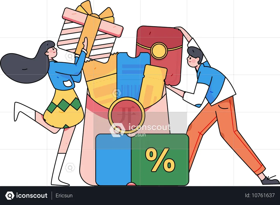 Mujer recibe cupón digital en compras online  Ilustración