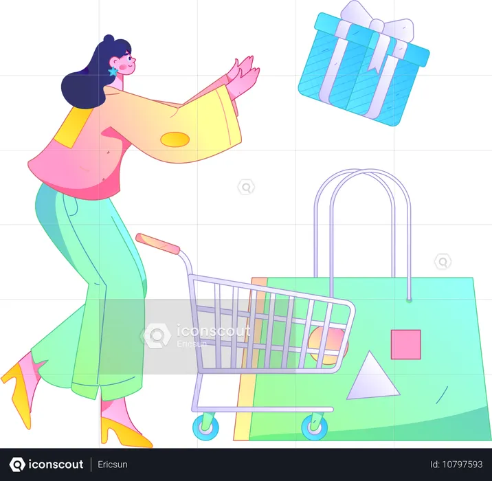 Mujer recibe sorpresa de compras  Ilustración