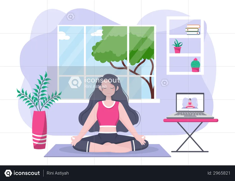 Mujer recibiendo lecciones de yoga y meditación en línea  Ilustración