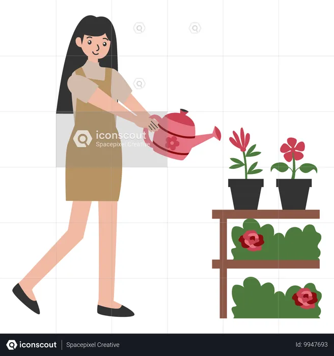 Mujer regando planta de flores  Ilustración