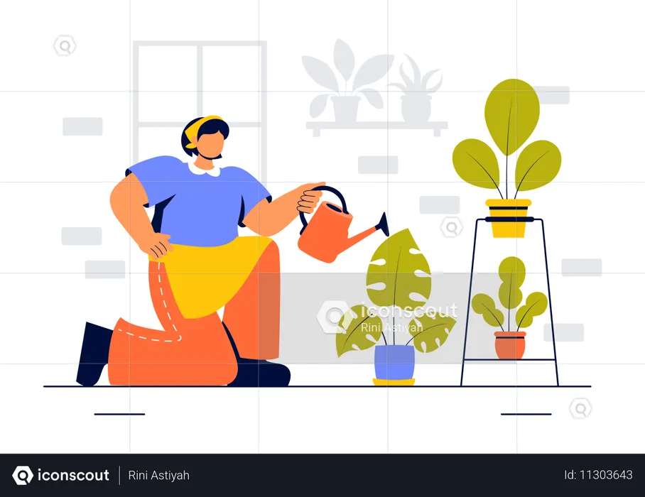 Mujer regando la planta  Ilustración