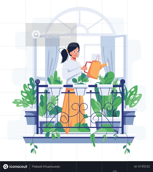 Mujer regando plantas caseras  Ilustración