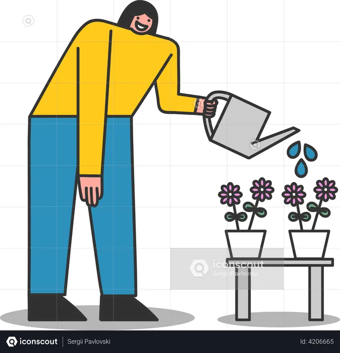 Mujer regando las plantas de la casa  Ilustración