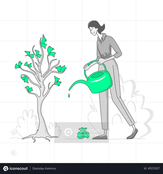 Mujer regando un árbol del dinero  Ilustración