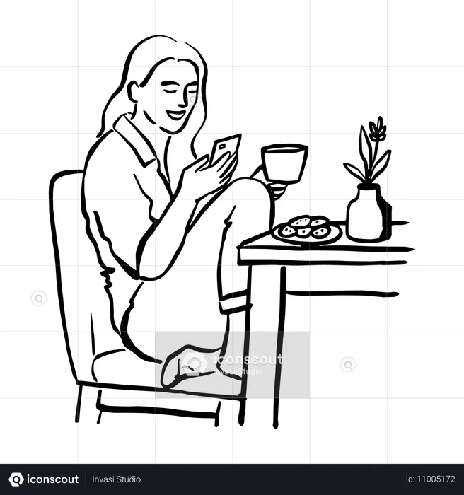 Mujer relajada disfrutando de un café en una cafetería  Ilustración