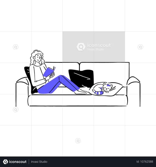 Mujer relajándose con gato en el sofá  Ilustración