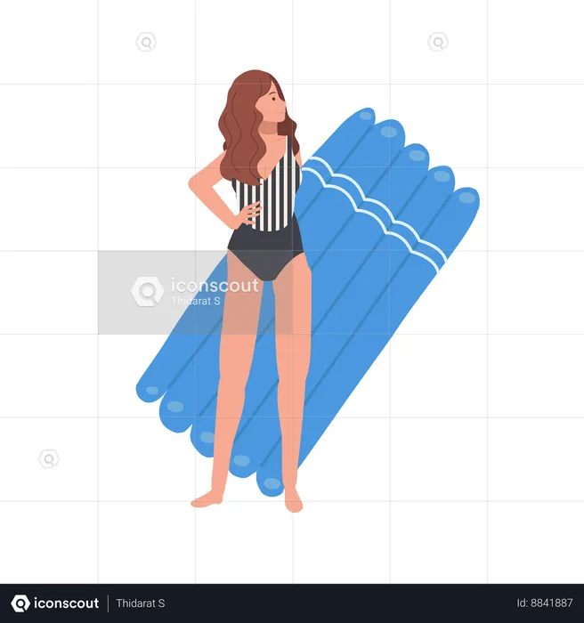 Mujer relajándose en la playa de arena con balsa de goma  Ilustración