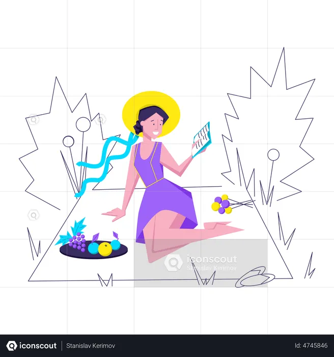 Mujer relajándose en un picnic  Ilustración