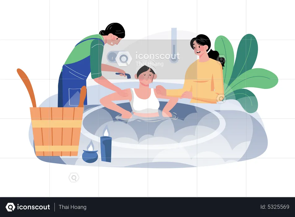 Mujer relajándose en la sauna  Ilustración