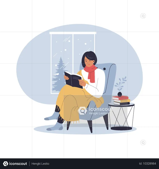 Mujer relajándose leyendo un libro en invierno  Ilustración