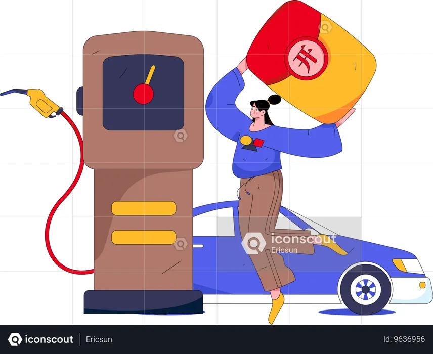 Mujer reabasteciendo el coche en la gasolinera  Ilustración