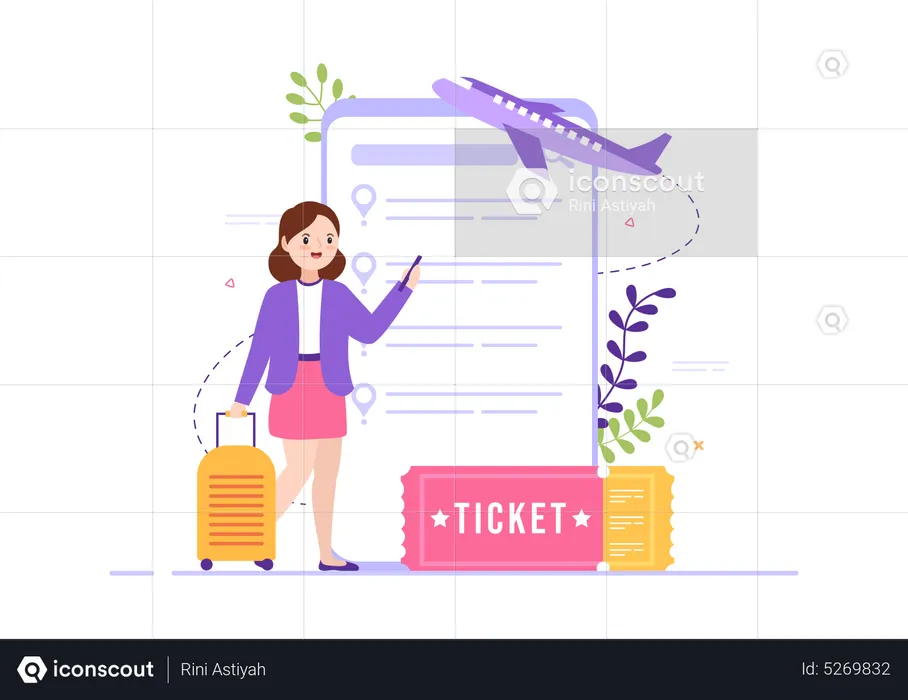 Mujer reservando billete de avión  Ilustración