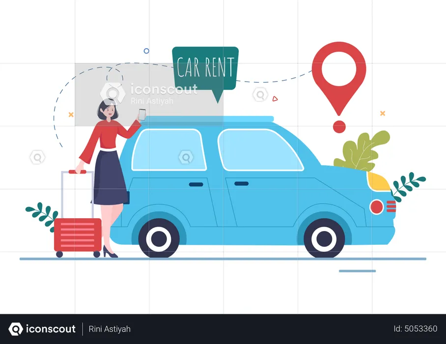 Mujer reservar coche en alquiler  Ilustración