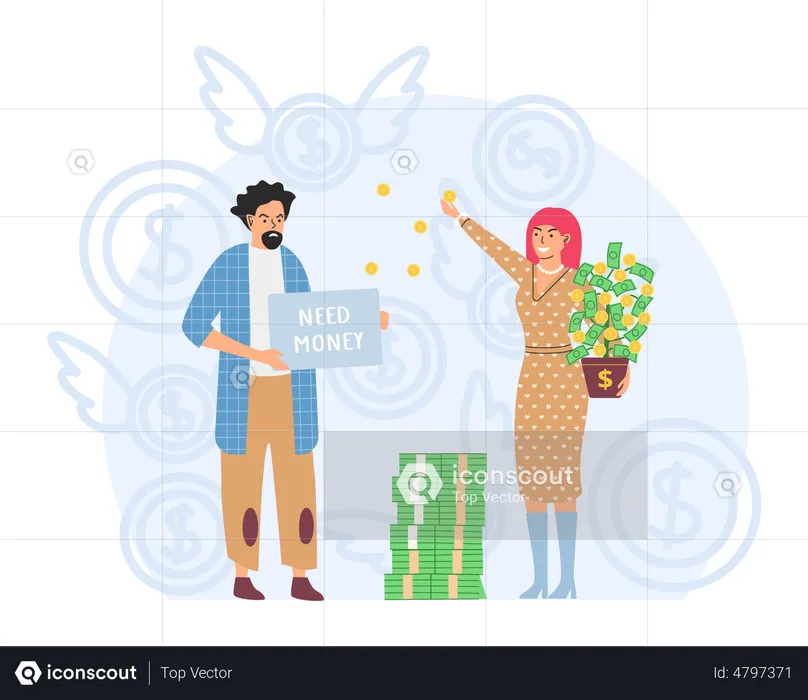 Mujer rica dando dinero a los necesitados  Ilustración