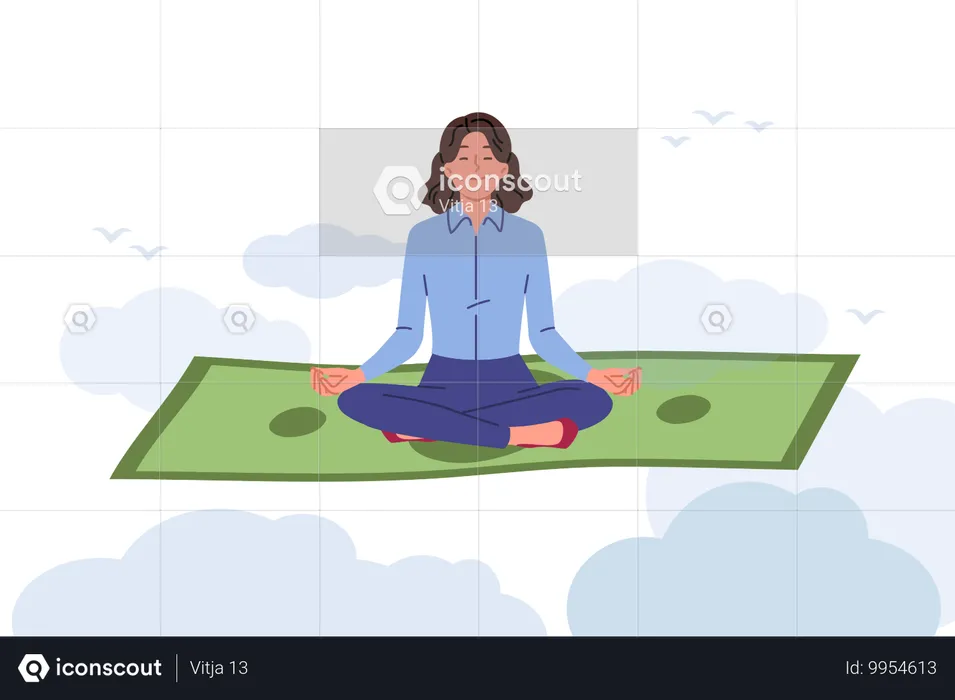 Mujer rica medita sentada sobre dinero y disfrutando de una clase de yoga para aumentar sus ingresos  Ilustración