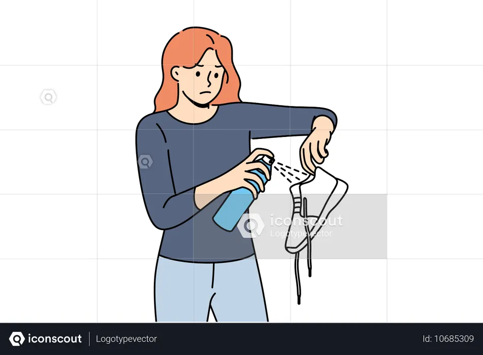 Mujer rociando spray antibacteriano en los zapatos  Ilustración