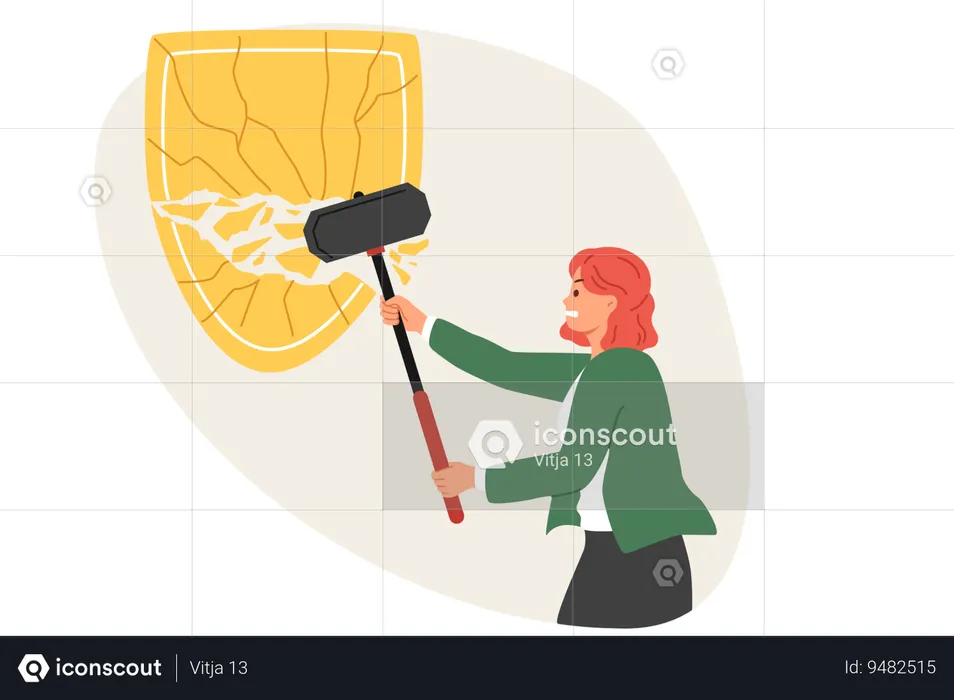 Una mujer rompe un enorme escudo con un mazo destruyendo la protección de los negocios de sus competidores  Ilustración