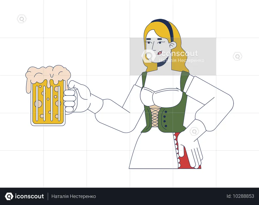 Mujer rubia sosteniendo una jarra de cerveza espumosa  Ilustración