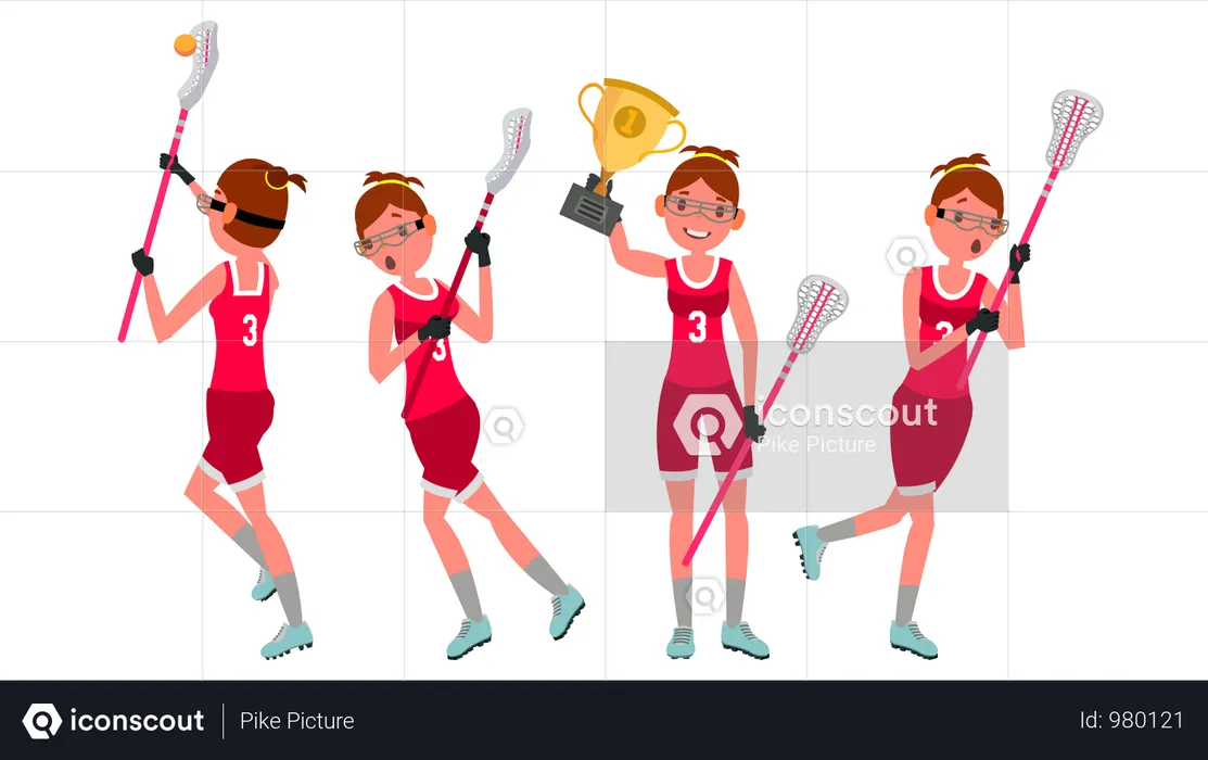 Vector De Lacrosse Para Mujeres. Práctica de lacrosse. Compañeros de equipo. Jugadora femenina agresiva. Atleta profesional. Ilustración de personaje de dibujos animados plano aislado  Illustration