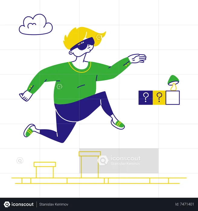 La mujer salta como en un juego de computadora.  Ilustración