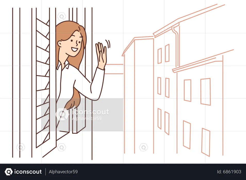 Mujer saludando mientras mira desde la ventana  Ilustración