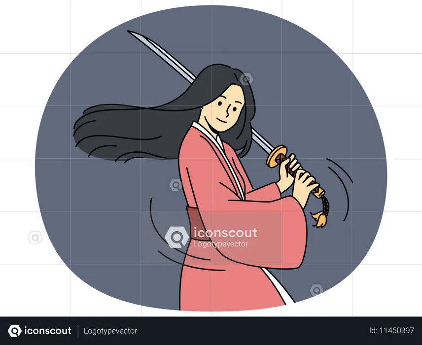 Mujer samurái con katana conoce artes marciales asiáticas y entrena dispuesta a competir  Ilustración