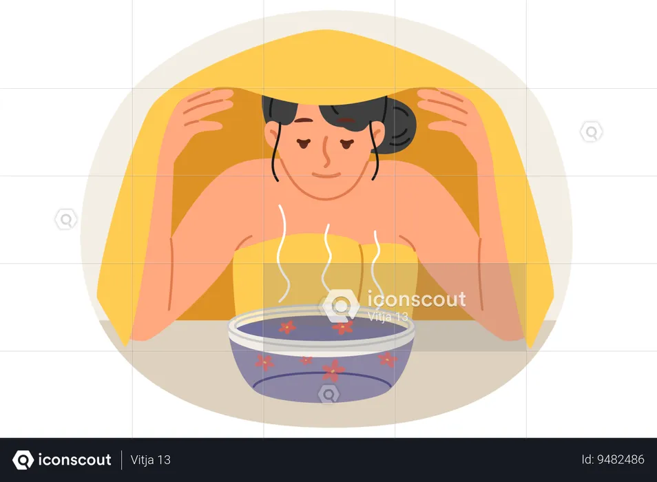 Mujer se somete a aromaterapia gracias al vapor que emana de una taza de margaritas y agua caliente  Ilustración
