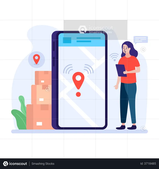 Mujer rastreando el paquete usando una aplicación de seguimiento  Ilustración